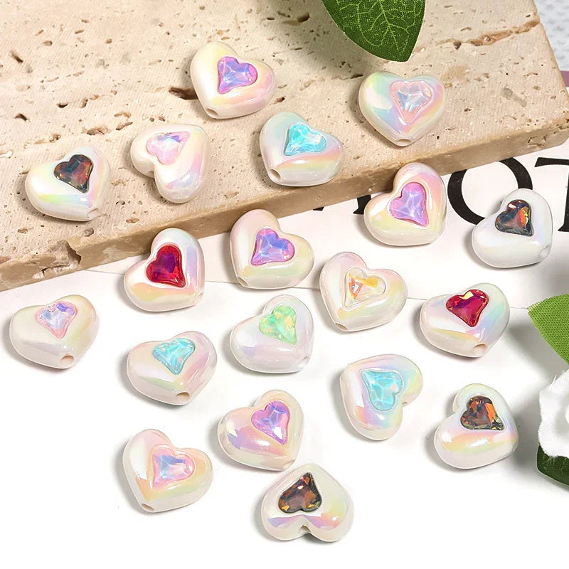 Rhinestone inlaid love beaded acrylic mabei heart beads