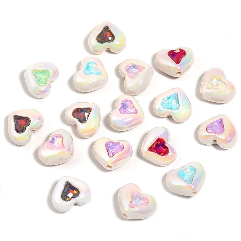 Rhinestone inlaid love beaded acrylic mabei heart beads | Acrylic Bead for DIY Bracelet Keychain Jewelry Making