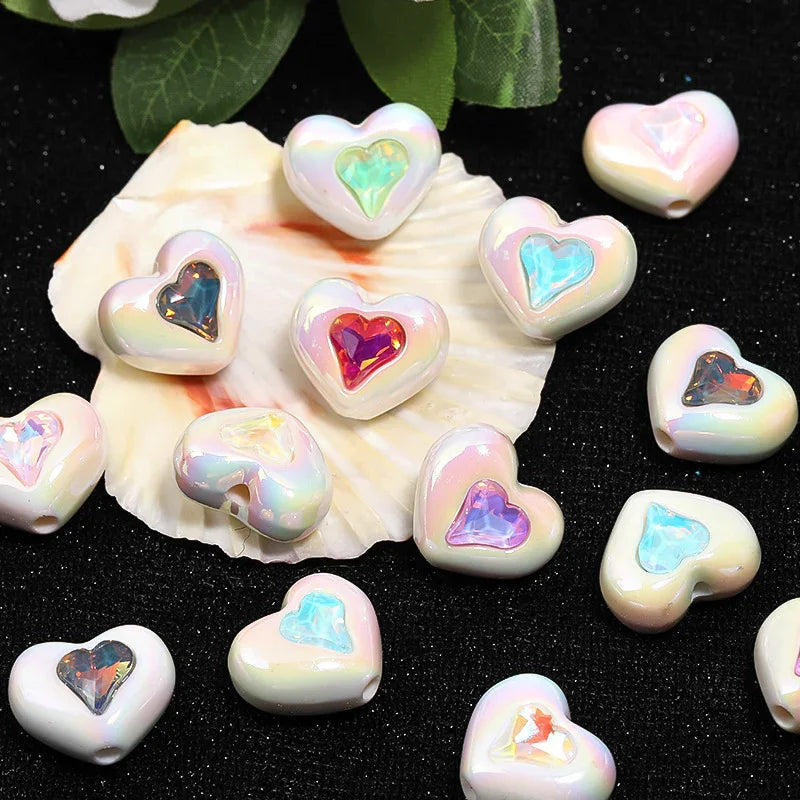 Rhinestone inlaid love beaded acrylic mabei heart beads | Acrylic Bead for DIY Bracelet Keychain Jewelry Making