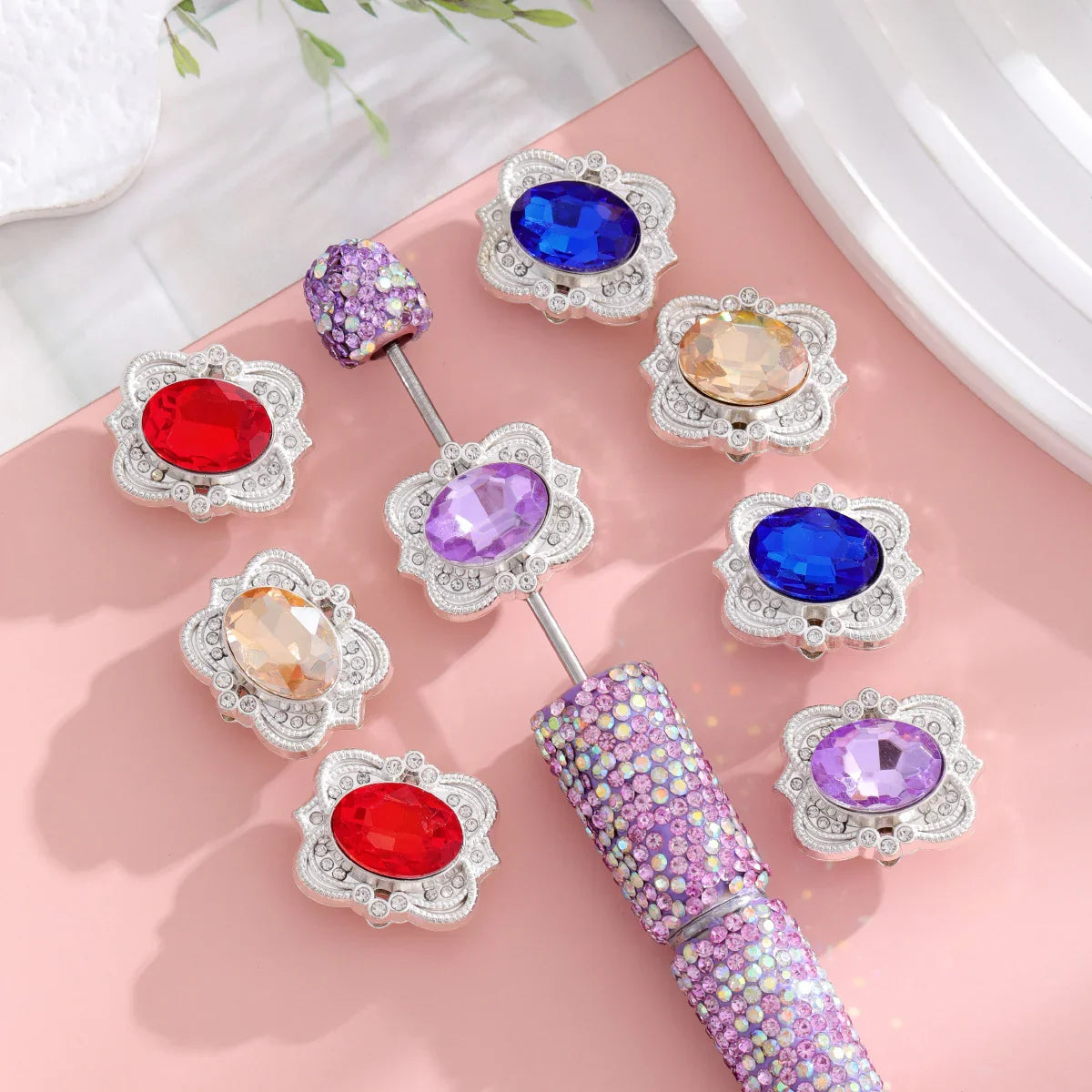 Silver Alloy Beads Diamond-studded gemstone straight hole beads