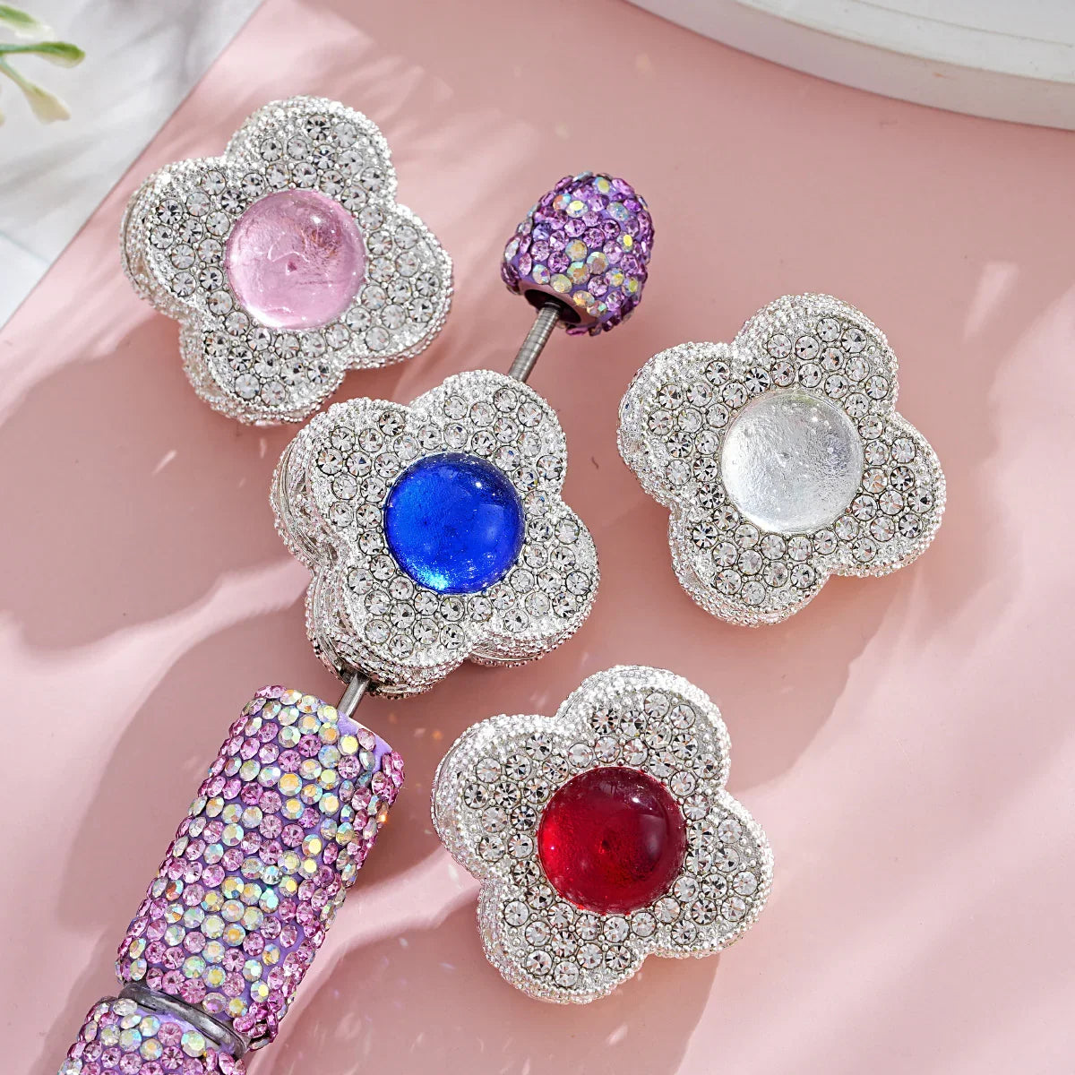 Silver Alloy Beads Double-sided crystal large four-leaf clover straight hole beads