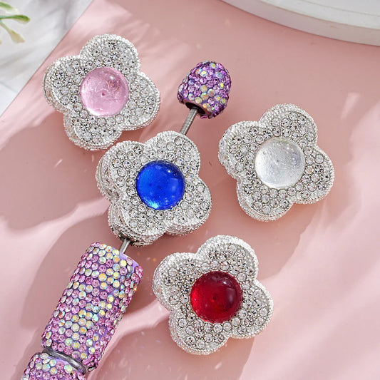 Silver Alloy Beads Double-sided crystal large four-leaf clover straight hole beads