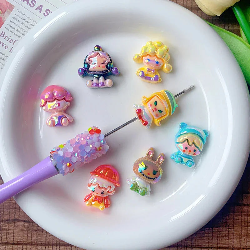 UV Plating Cartoon Cute Straight Hole Shaped Beads Bubble Mart Sitting | DIY Sports Fan Bracelet & Keychain Craft Bead