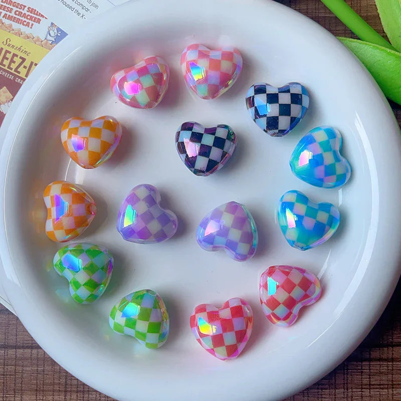 Color Plated Straight Hole Printed Check Beaded Love Heart | Acrylic Bead for DIY Bracelet Keychain Jewelry Making