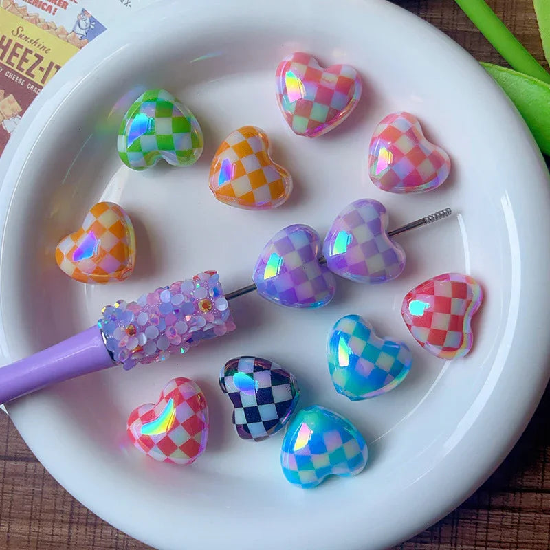 Color Plated Straight Hole Printed Check Beaded Love Heart | Acrylic Bead for DIY Bracelet Keychain Jewelry Making