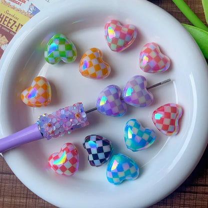 Color Plated Straight Hole Printed Check Beaded Love Heart