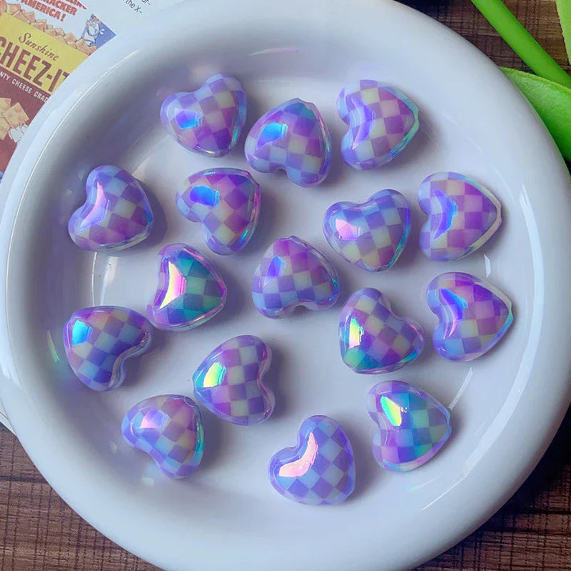Color Plated Straight Hole Printed Check Beaded Love Heart | Acrylic Bead for DIY Bracelet Keychain Jewelry Making
