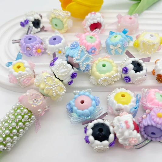 Color Hand Painted Bow Stick Flower Through Hole Beads 22MM