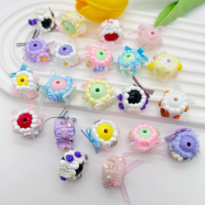 Color Hand Painted Bow Stick Flower Through Hole Beads 22MM
