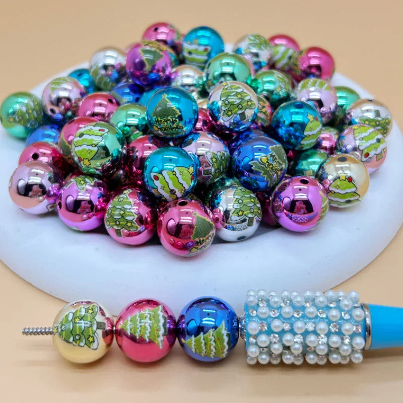16mm Acrylic UV Color Plated Print Christmas Tree Snowman Kt Cat Straight Hole Beads
