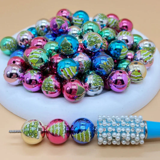 16mm Acrylic UV Color Plated Print Christmas Tree Snowman Kt Cat Straight Hole Beads