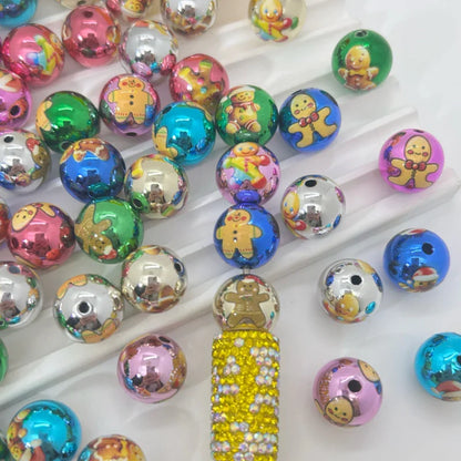 16mm Acrylic UV Color Plated Print Christmas Tree Snowman Kt Cat Straight Hole Beads