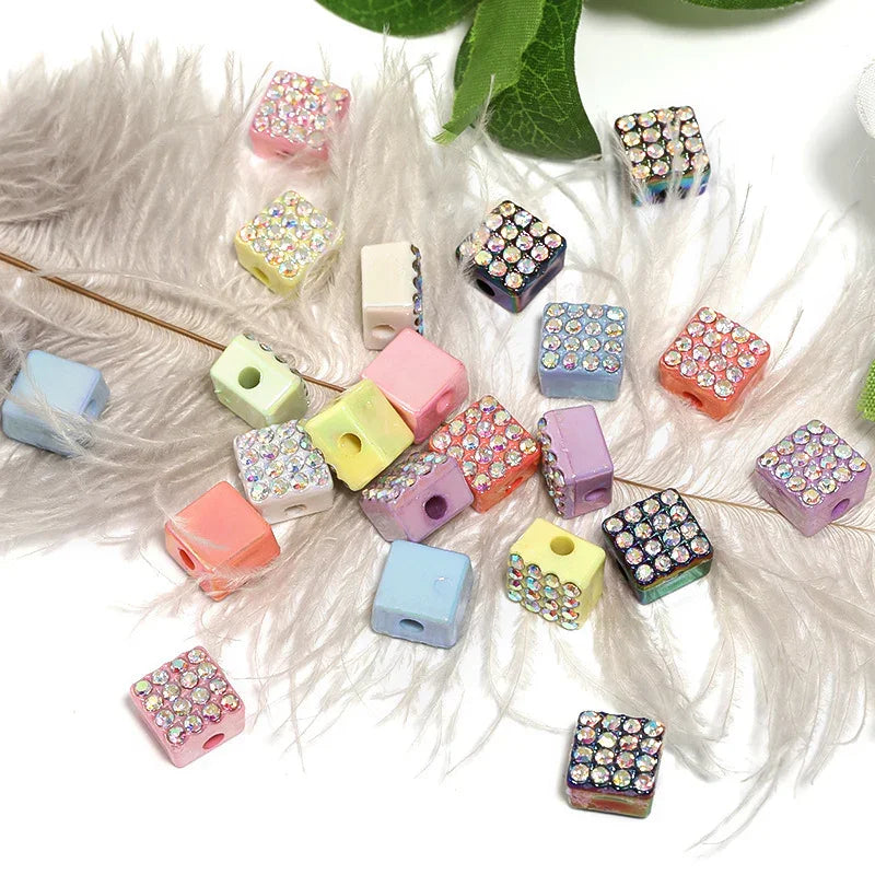 Diamond-encrusted Colored Square Acrylic Square Beads | Acrylic Bead for DIY Bracelet Keychain Jewelry Making