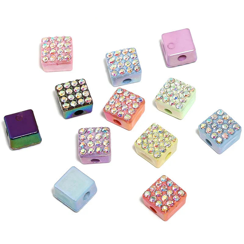 Diamond-encrusted Colored Square Acrylic Square Beads
