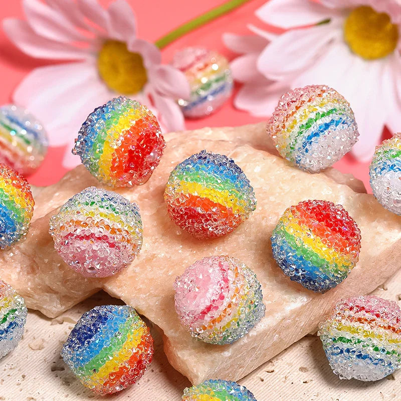 18mm Rainbow Stripe Sugar Beaded Flash Rhinestone | Acrylic Bead for DIY Bracelet Keychain Jewelry Making