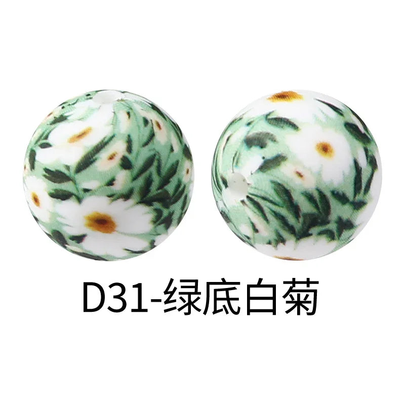 Factory Water Transfer Round 15mm Silicone Beads European and American Fashion Beaded Bracelet Jewelry Bulk Silicone Beads Wholesale