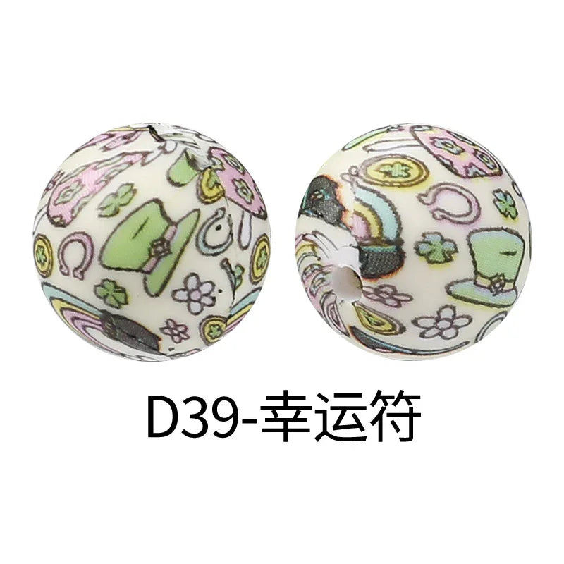 Factory Water Transfer Round 15mm Silicone Beads European and American Fashion Beaded Bracelet Jewelry Bulk Silicone Beads Wholesale