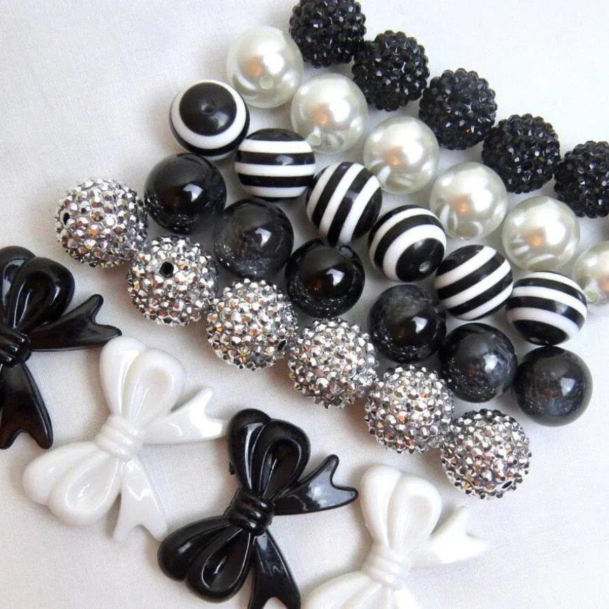 34pcs Black and White Printing Mixed Color 20MM Acrylic Large Beads Mixed Beaded Loose Beads Combination