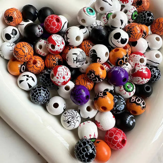 Halloween Print Wooden Beads Pumpkin Spider Web Skull Beads DIY Accessories Beaded