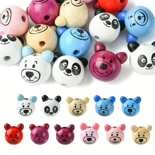 15PCS Mixed Cute Bear Pattern Wooden Beads