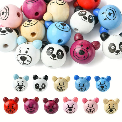 15PCS Mixed Cute Bear Pattern Wooden Beads