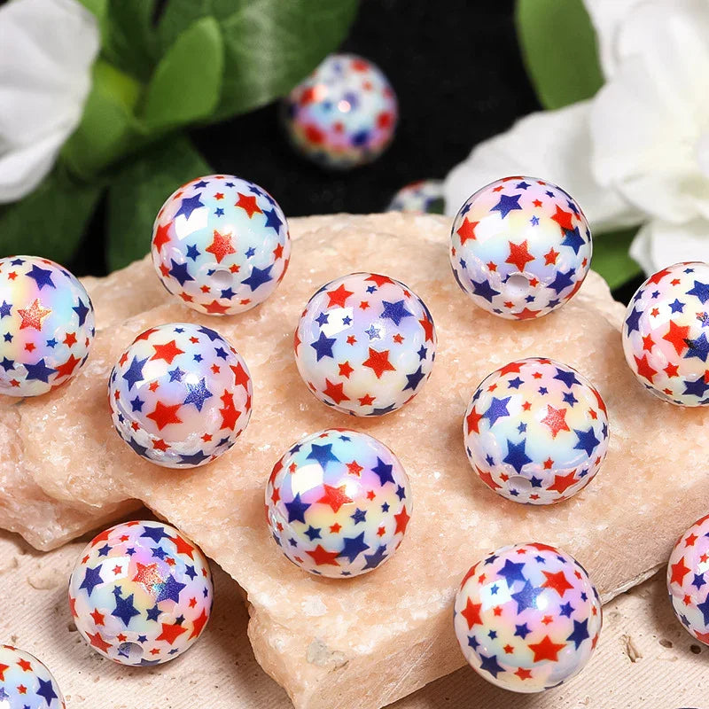 16MM UV-plated Five-pointed Star Printed Round Beads Acrylic Star Beads | DIY Sports Fan Bracelet & Keychain Craft Bead
