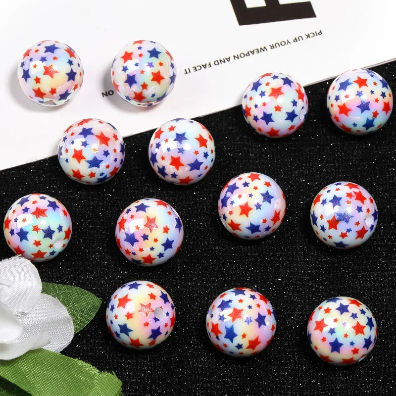16MM UV-plated Five-pointed Star Printed Round Beads Acrylic Star Beads | DIY Sports Fan Bracelet & Keychain Craft Bead