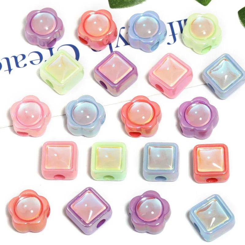 UV-plated Aurora Diamond Flower Beads Acrylic Square Loose Beads | DIY Sports Fan Bracelet & Keychain Craft Bead