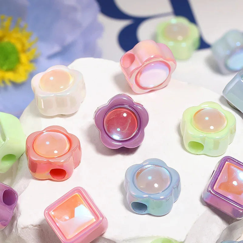 UV-plated Aurora Diamond Flower Beads Acrylic Square Loose Beads | DIY Sports Fan Bracelet & Keychain Craft Bead