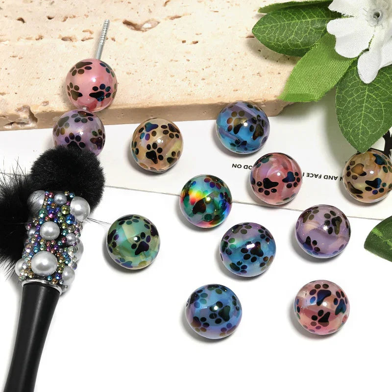 16MM Acrylic black cat paw print round beads UV plated milk pattern beads | DIY Sports Fan Bracelet & Keychain Craft Bead