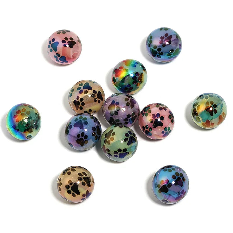 16MM Acrylic black cat paw print round beads UV plated milk pattern beads