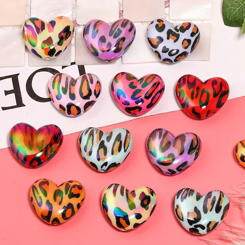 Acrylic Leopard Print Heart Beads UV Electroplating Peach Heart Vertical | DIY Sports Fan Bracelet & Keychain Craft Bead