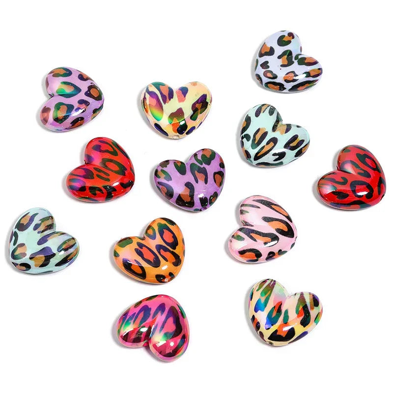 Acrylic Leopard Print Heart Beads UV Electroplating Peach Heart Vertical | DIY Sports Fan Bracelet & Keychain Craft Bead
