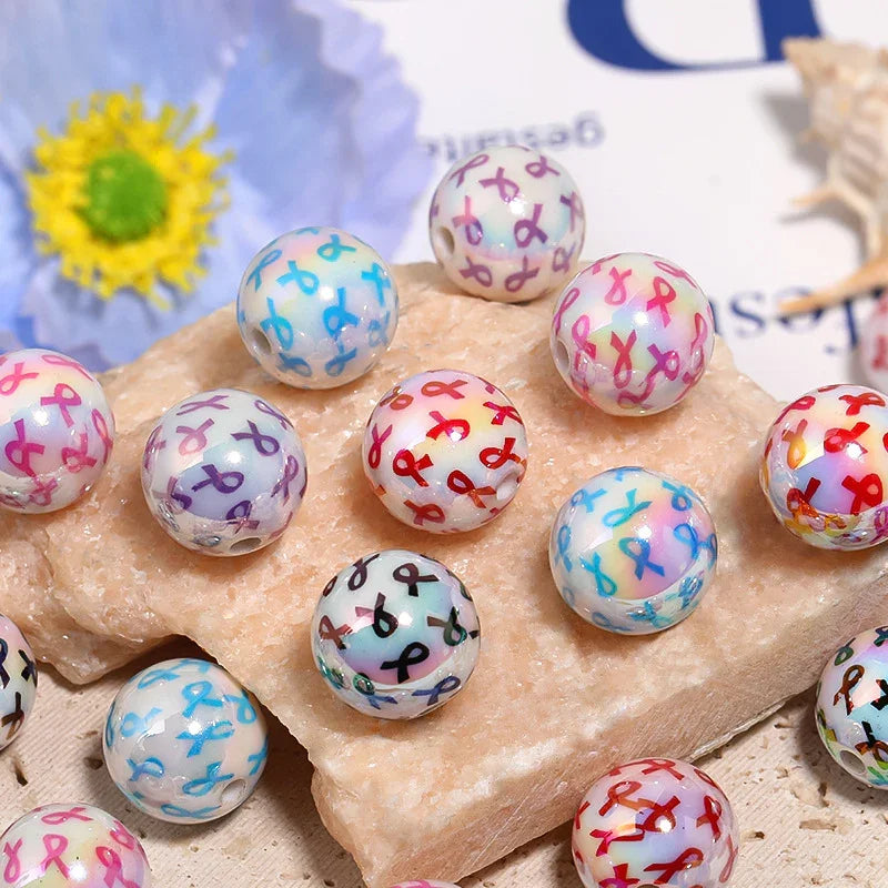 16MM UV Electroplating Color Ribbon Printing Straight Hole Round Beads | DIY Sports Fan Bracelet & Keychain Craft Bead