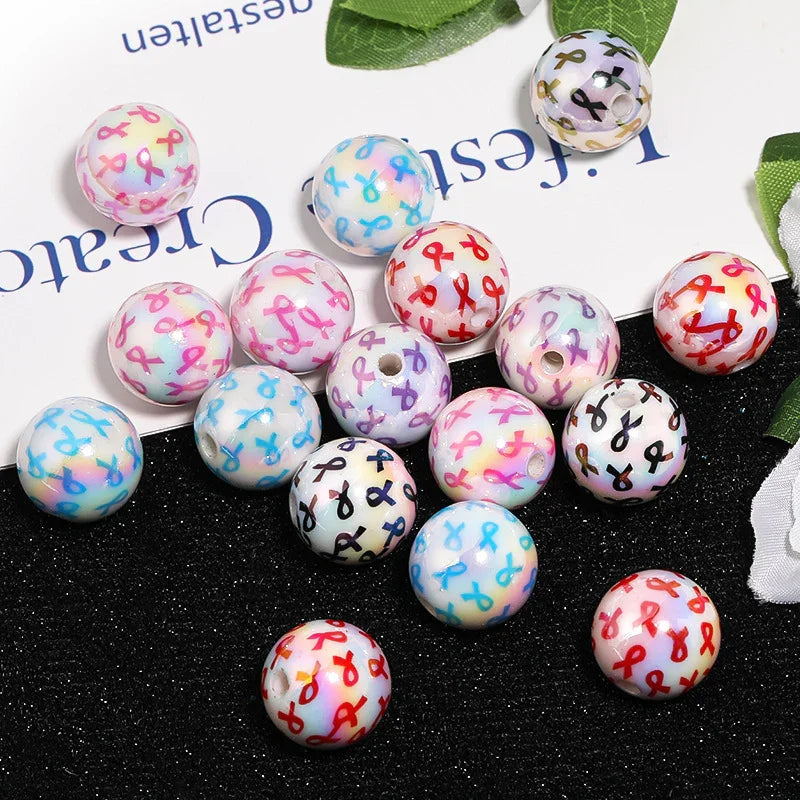 16MM UV Electroplating Color Ribbon Printing Straight Hole Round Beads | DIY Sports Fan Bracelet & Keychain Craft Bead