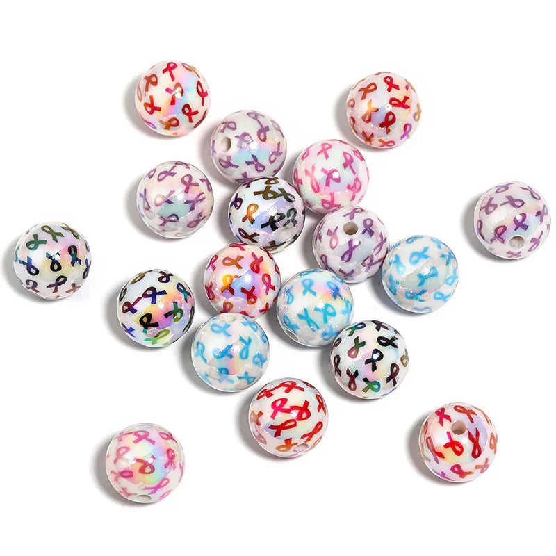 16MM UV Electroplating Color Ribbon Printing Straight Hole Round Beads | DIY Sports Fan Bracelet & Keychain Craft Bead