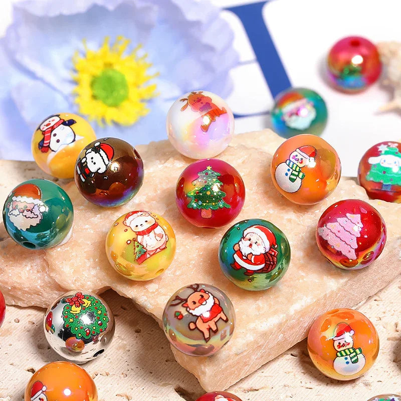 16MM Christmas Beads Cartoon Santa Claus Elk Print Beads | Acrylic Bead for DIY Bracelet Keychain Jewelry Making