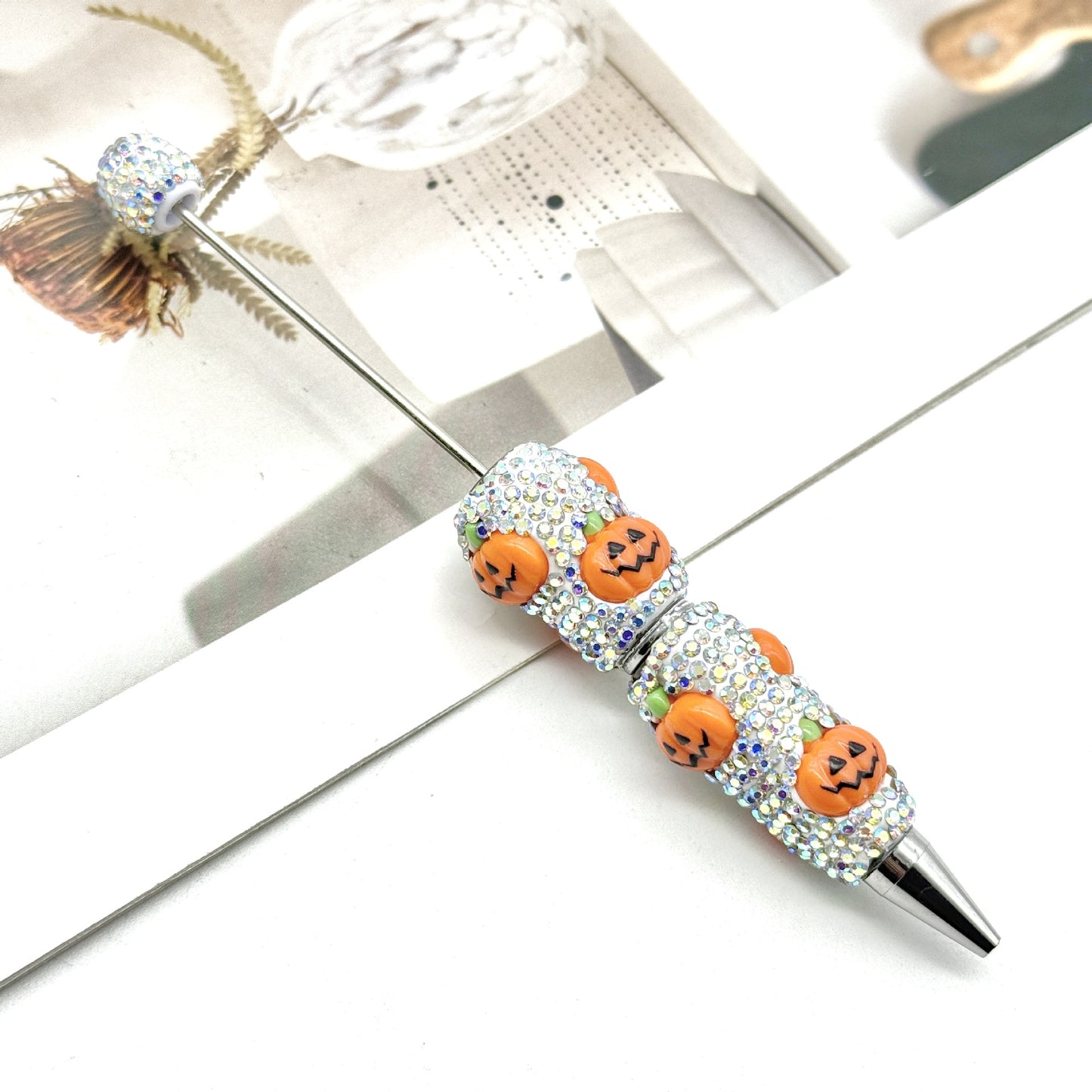 Halloween Pumpkin Beaded Pen Covered with Diamonds and Accessories