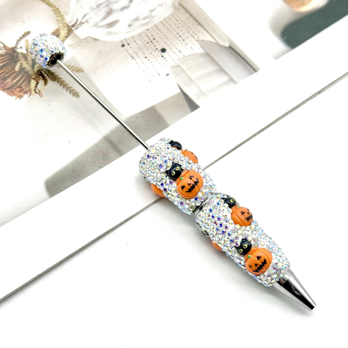Halloween Pumpkin Beaded Pen Covered with Diamonds and Accessories