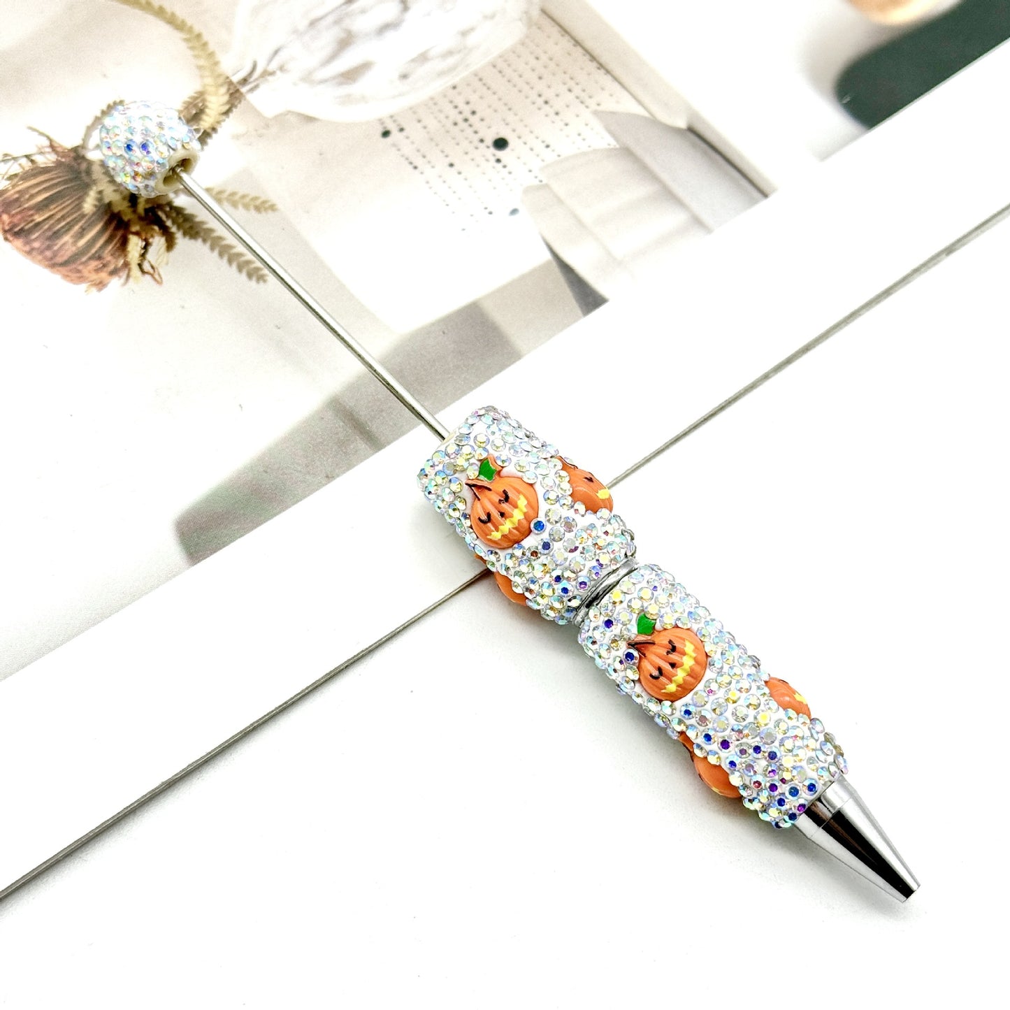 Halloween Pumpkin Beaded Pen Covered with Diamonds and Accessories