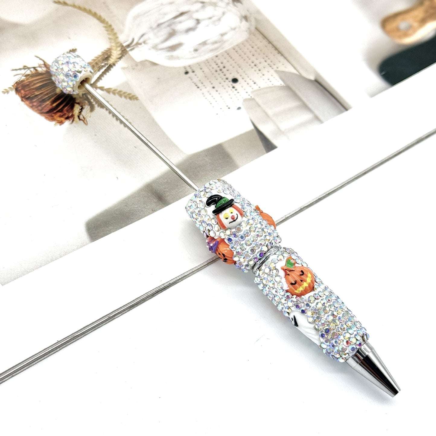 Halloween Pumpkin Beaded Pen Covered with Diamonds and Accessories