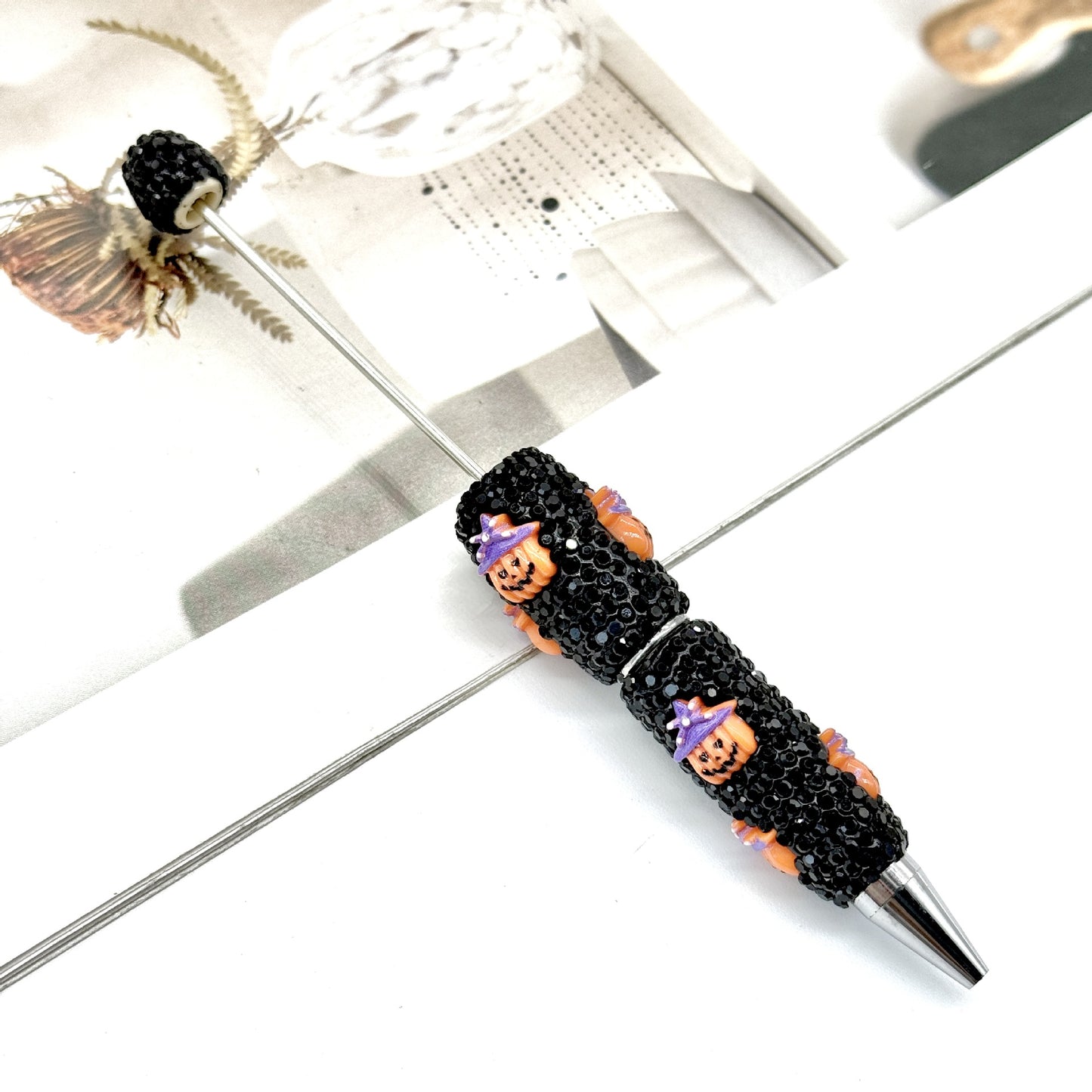 Halloween Pumpkin Beaded Pen Covered with Diamonds and Accessories