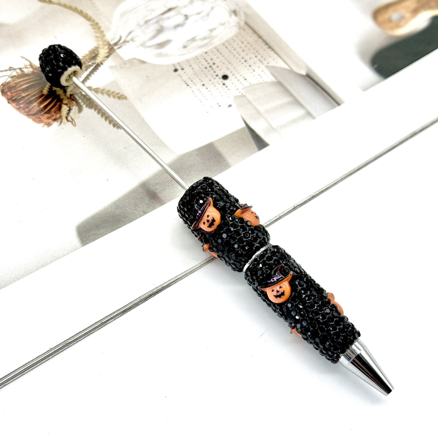 Halloween Pumpkin Beaded Pen Covered with Diamonds and Accessories