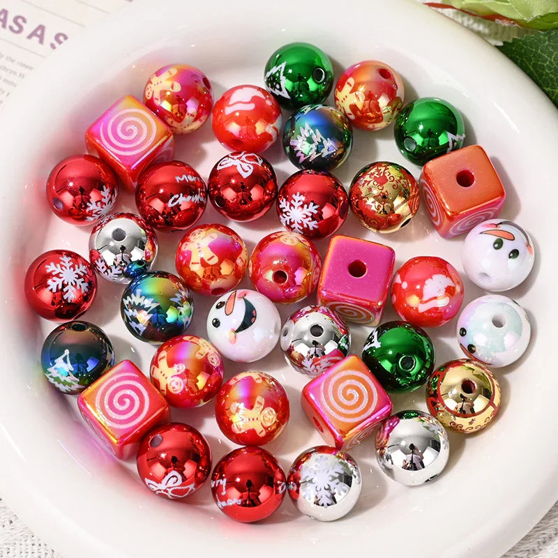 16mm Christmas Loose Beads UV Electroplating Color Straight Hole | Acrylic Bead for DIY Bracelet Keychain Jewelry Making