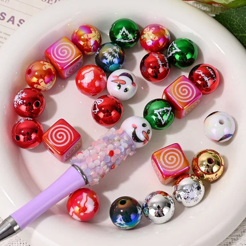 16mm Christmas Loose Beads UV Electroplating Color Straight Hole | Acrylic Bead for DIY Bracelet Keychain Jewelry Making