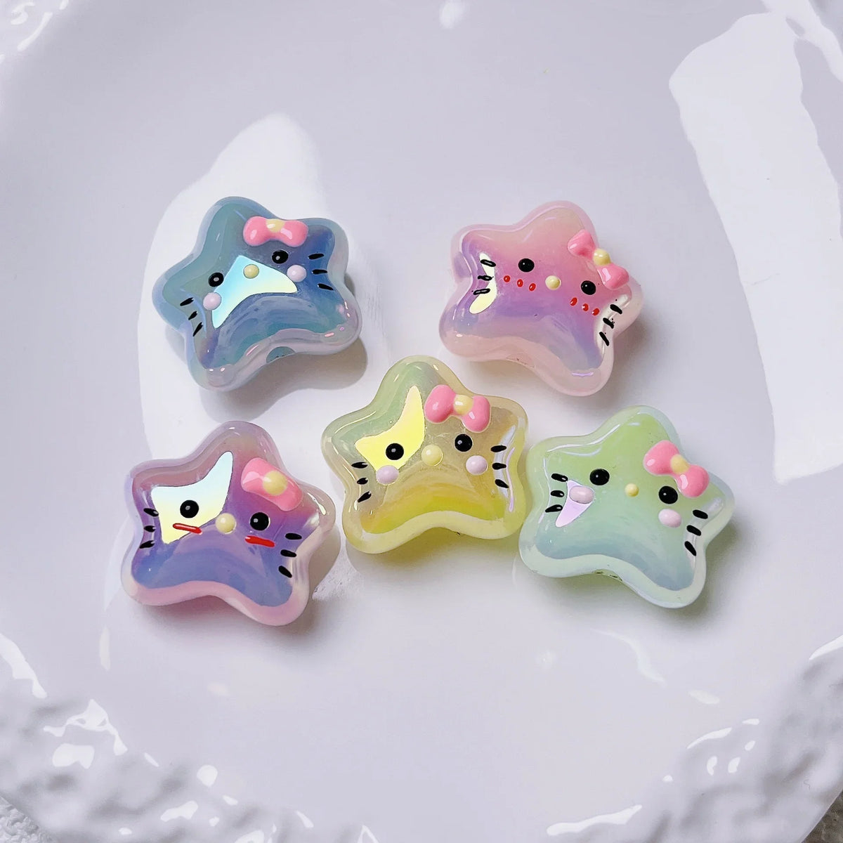 Cartoon Hand-painted Luminous Five-pointed Star KT Cat Bow Beaded | Acrylic Bead for DIY Bracelet Keychain Jewelry Making
