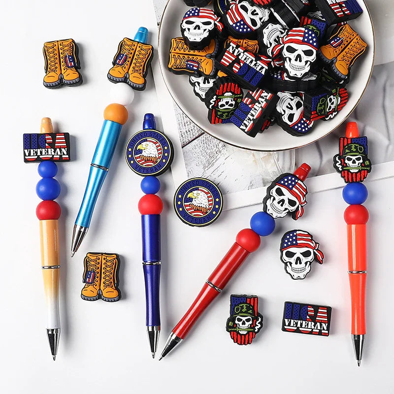 USA Flag Figure Skull Silicone Focus Beaded | Silicone Focal Bead for DIY Keychain & Pen Wrap