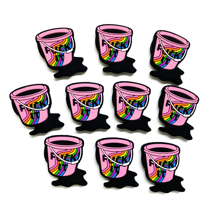 Pink Bucket Silicone Focus Beads Printed with Rainbow Stripes and English | Silicone Focal Bead for DIY Keychain & Pen Wrap