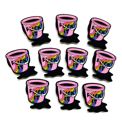 Pink Bucket Silicone Focus Beads Printed with Rainbow Stripes and English Letters