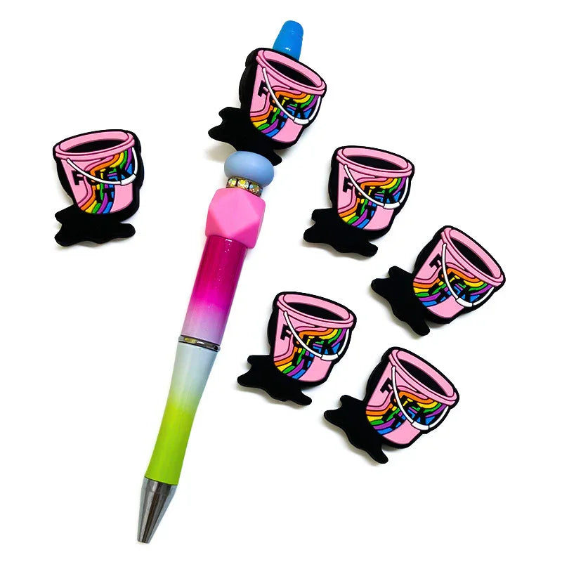 Pink Bucket Silicone Focus Beads Printed with Rainbow Stripes and English | Silicone Focal Bead for DIY Keychain & Pen Wrap